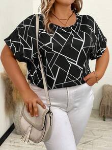 SHEIN LUNE Plus Geo Print Batwing Sleeve Tee - Black and White - View 6