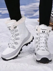 Women's White Fabric & Leather Splice Outdoor High-Top Snow Boots, With Thick Thermal Lined And Non-Slip Sole, All-Match Style - White - View 2