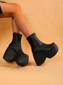 春秋女士粗跟短靴,pu皮革鞋面,具彈性 - 黑色 - 查看 1