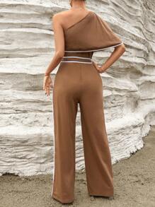 SHEIN Privé Jumpsuit mit einer Schulter frei, Kontrastsaum, Gürtel, - Braun - Übersicht 2