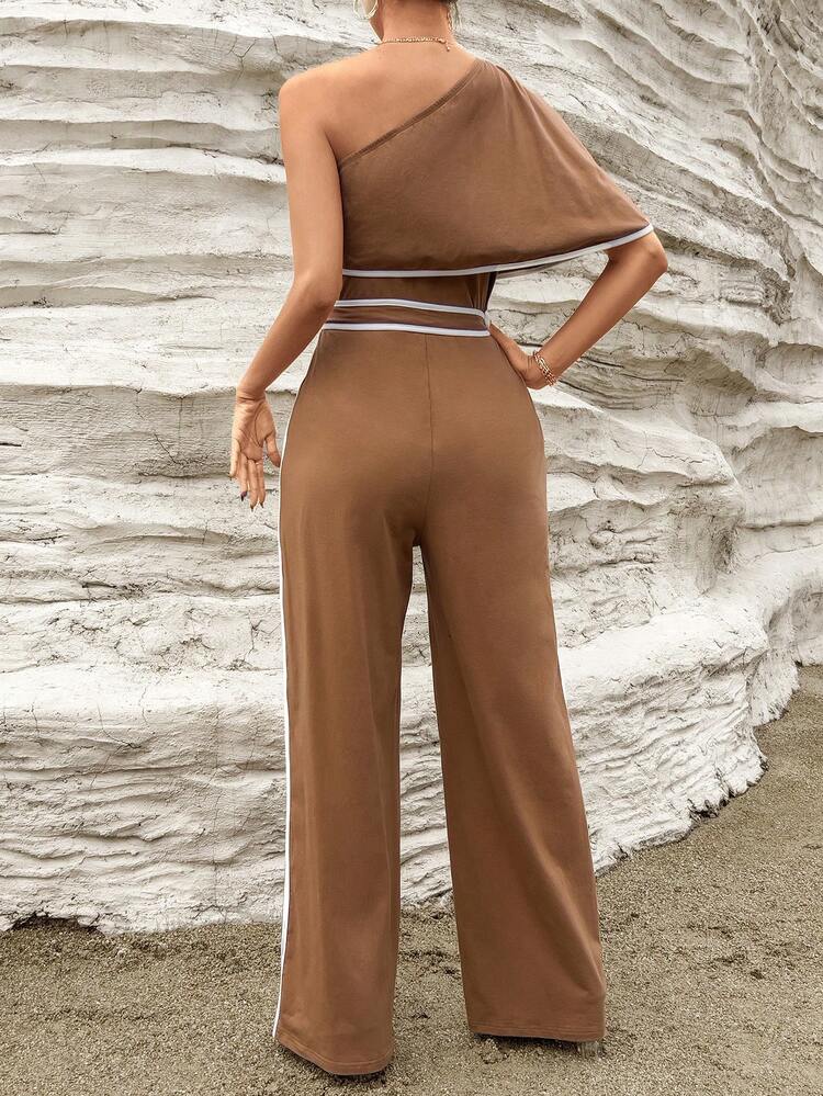 One Shoulder Contrast Binding Belted Jumpsuit