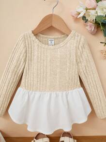 SHEIN 女小童雙色荷葉邊下擺T恤 - 米色 - 查看 4