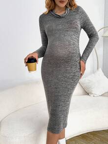 SHEIN 孕婦堆堆領雜色針織緊身洋裝 - 深灰色 - 查看 5