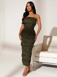 SHEIN SXY 下擺開叉褶邊抹胸洋裝 - 軍綠色 - 查看 1