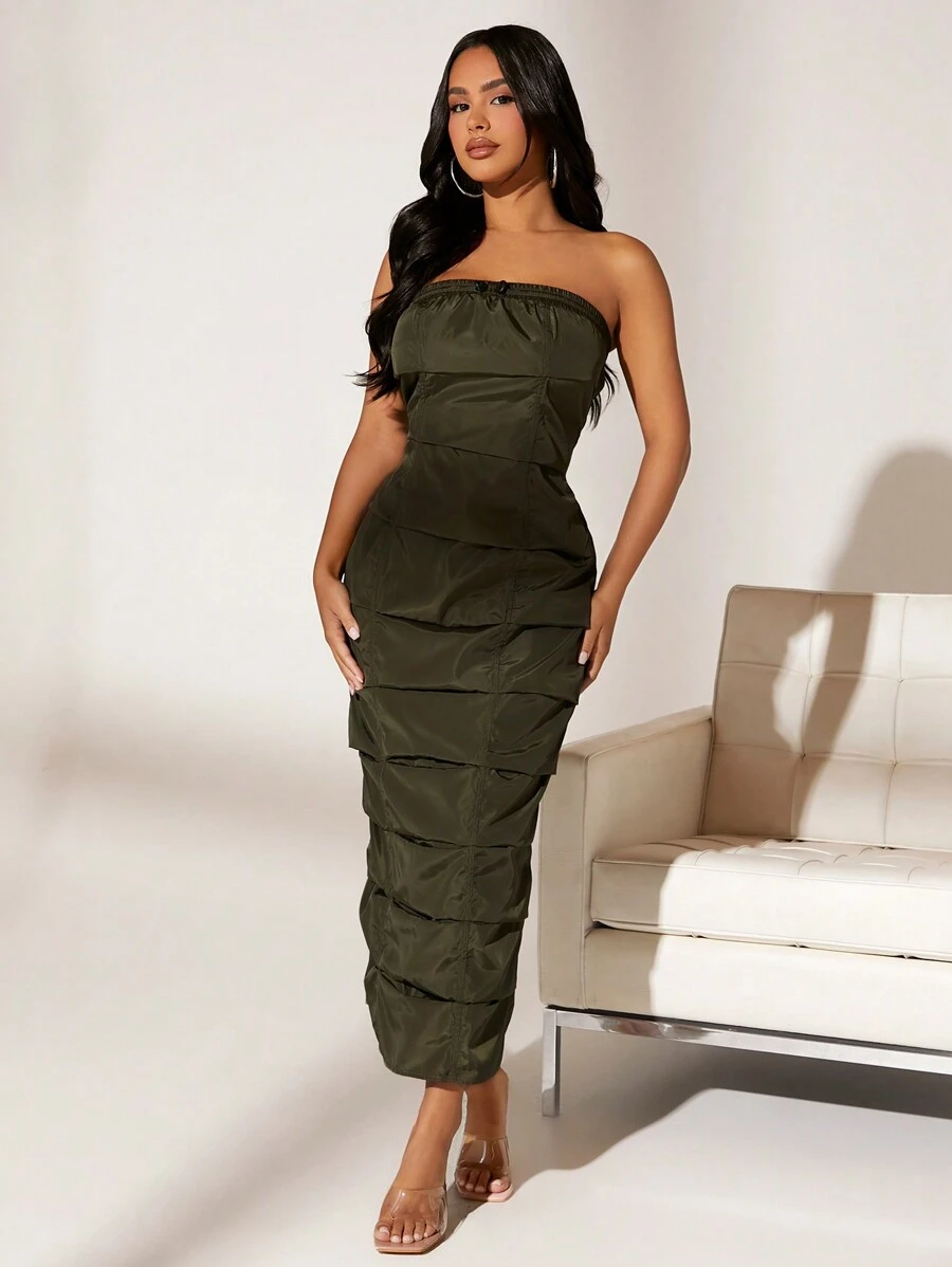 SHEIN SXY 下擺開叉褶邊抹胸洋裝 - 軍綠色 - 查看 1