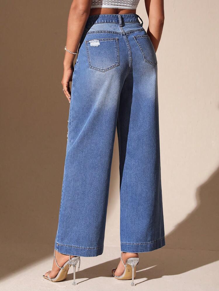 High Waist Ripped Wide Leg Jeans