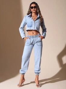 SHEIN BAE Solid Raw Hem Pocket Patched Crop Denim Jacket - Blue - View 1