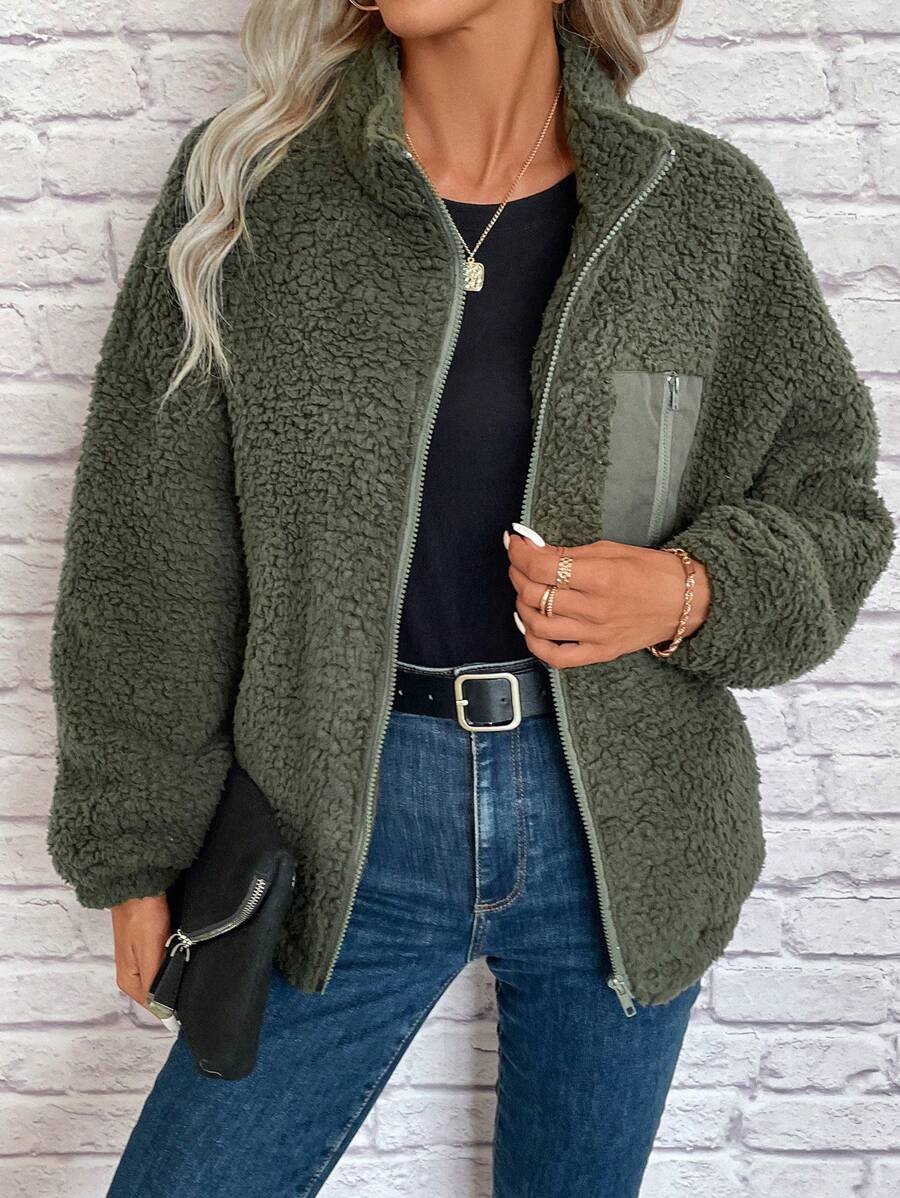 SHEIN LUNE Zip Up Drop Shoulder Teddy Jacket In Fall/Winter