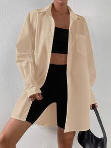 SHEIN EZwear Solid Drop Shoulder Pocket Patched Shirt - Apricot - View 3