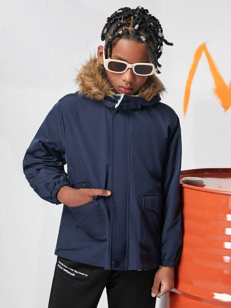 Tween Boy Flap Pocket Fuzzy Trim Thermal Hooded Coat
