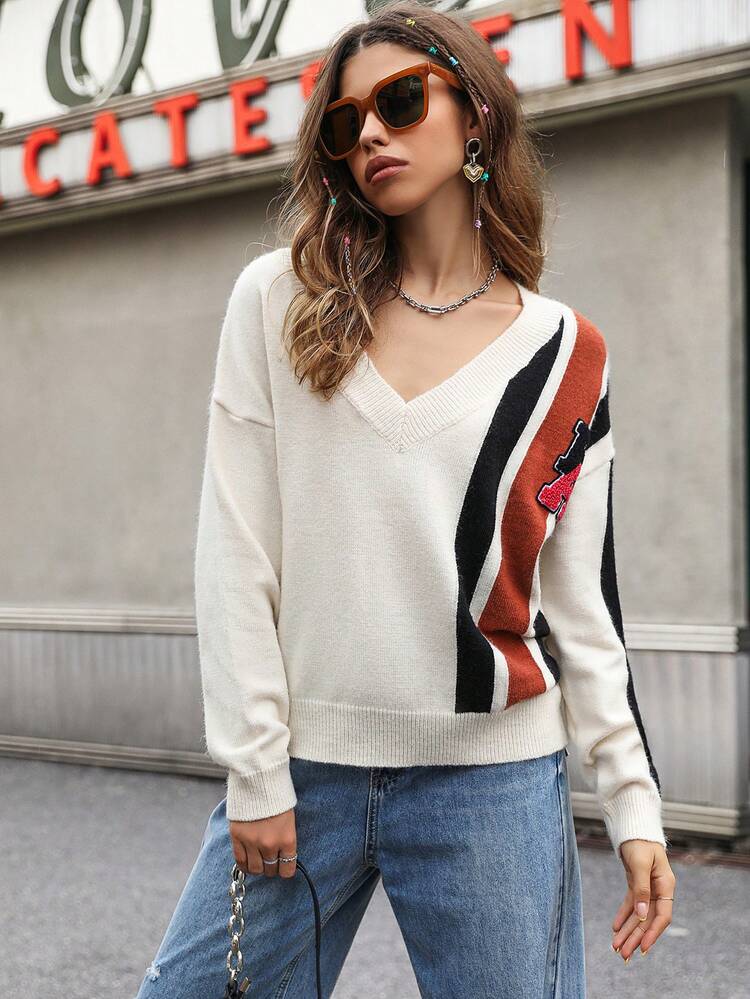 Striped & Letter Pattern Drop Shoulder Knit Pullover Fall Winter Sweater