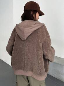 DAZY 拉鍊落肩抽繩連帽泰迪夾克 - 棕色 - 查看 6