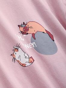 DAZY Set homewear con estampado de dibujos animados y letra de hombros caídos - Rosa - Ver 7