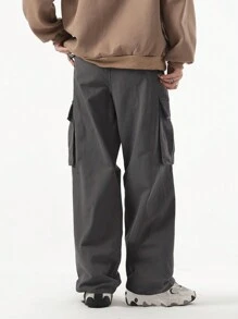 ROMWE MEN Street Life Men Flap Pocket Side Drawstring Waist Cargo Baggy Pants, School - Dark Grey - View 2