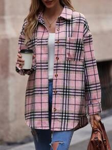 SHEIN LUNE 格紋印花落肩袖弧形下擺外套