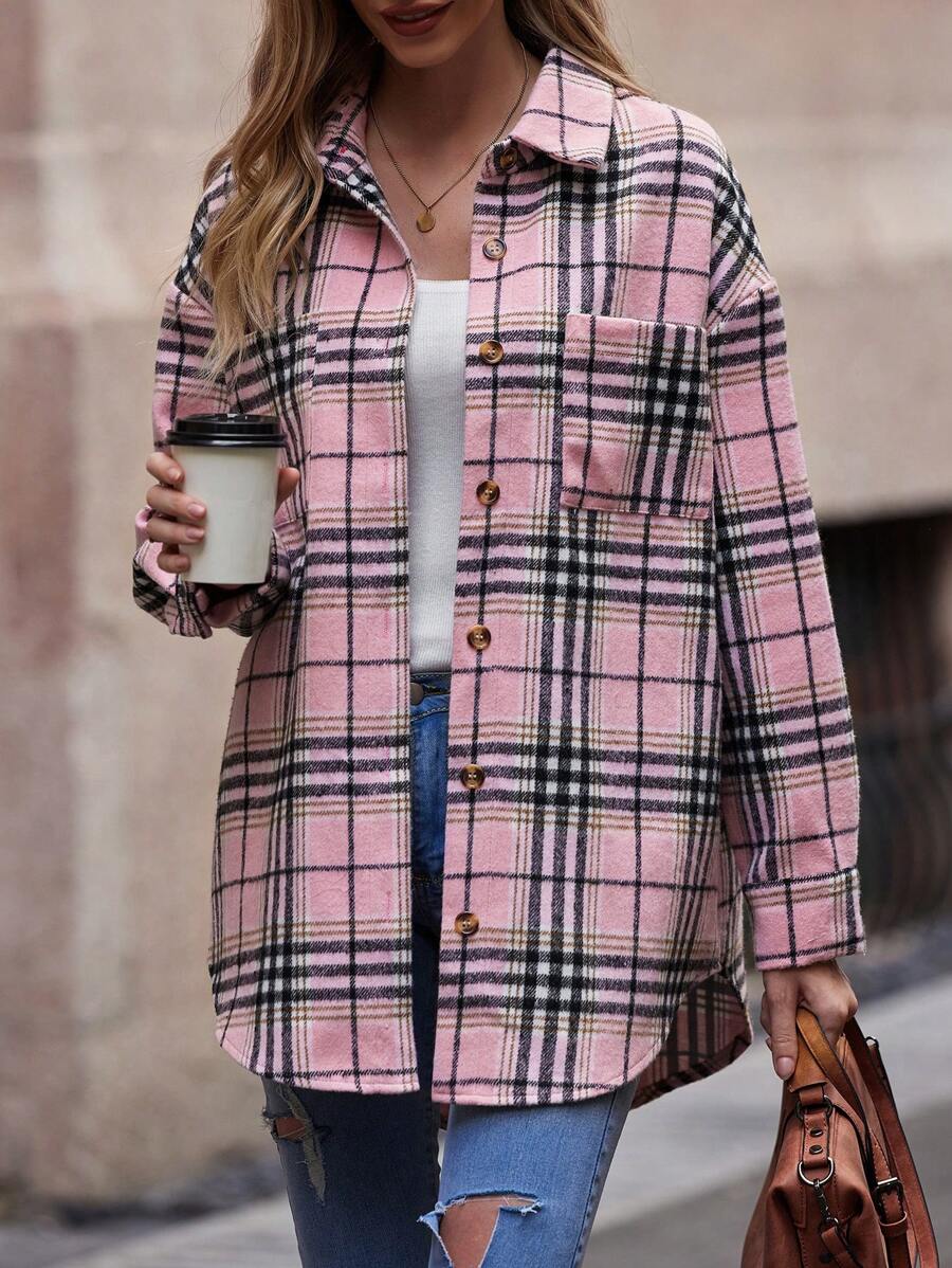 SHEIN LUNE 格紋印花落肩袖弧形下擺外套