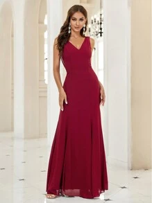 SHEIN Belle Burgundy Red Draped Backless Chiffon Bridesmaid Dress - Burgundy - View 2