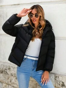 EURMUSE Zip Up Hooded Puffer Coat - Black - View 3