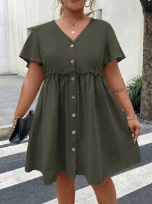 Vionelle Plus Button Front Frill Trim Smock Dress - Army Green - View 5