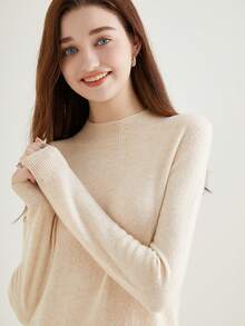 100% Merino Wool Women's Sweater Soft Warm Solid Mock Neck Knit Jumper Pullover - Apricot - View 4