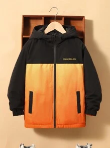 SHEIN Tween Boy Embroidery Letter Pattern Ombre Hooded Padded Coat - Black - View 3