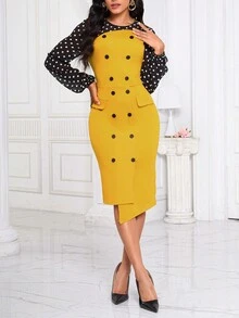 SHEIN Lady 波點圖案雙排釦不對稱下擺洋裝 - 彩色 - 查看 6