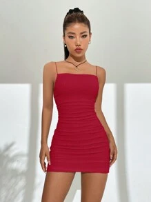 SHEIN EZwear 素色褶邊吊帶洋裝 - 紅色 - 查看 5