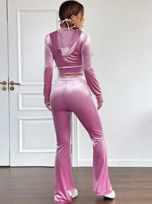 SHEIN EZwear Zip Up Drawstring Hooded Two Piece Jacket & Pants - Pink - View 2