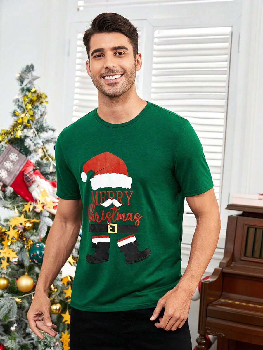 Manfinity VCAY 男士聖誕老人&標語圖案T恤 - 墨綠色 - 查看 1