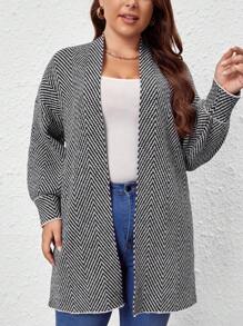 SHEIN LUNE Plus Size Chevron Pattern Drop Shoulder Cardigan - Black and White - View 6