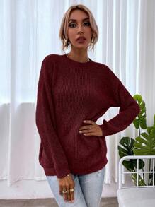 SHEIN LUNE Solid Drop Shoulder Sweater - Burgundy - View 4