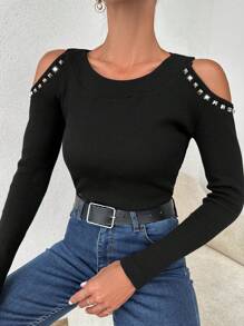 Cottnline Chi tiết đáng kinh ngạc Vai lạnh Đồ đan Ribbed Áo thun - màu đen - Xem 1