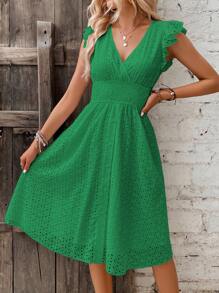 Breezaya 孔眼刺绣蝴蝶袖荷叶边下摆长裙度假海滩装女装 - 綠色 - 查看 6