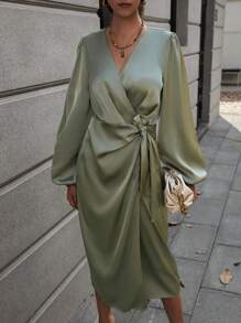SHEIN Clasi Vestido de manga farol con nudo lateral cruzado de satén - Verde - Ver 4