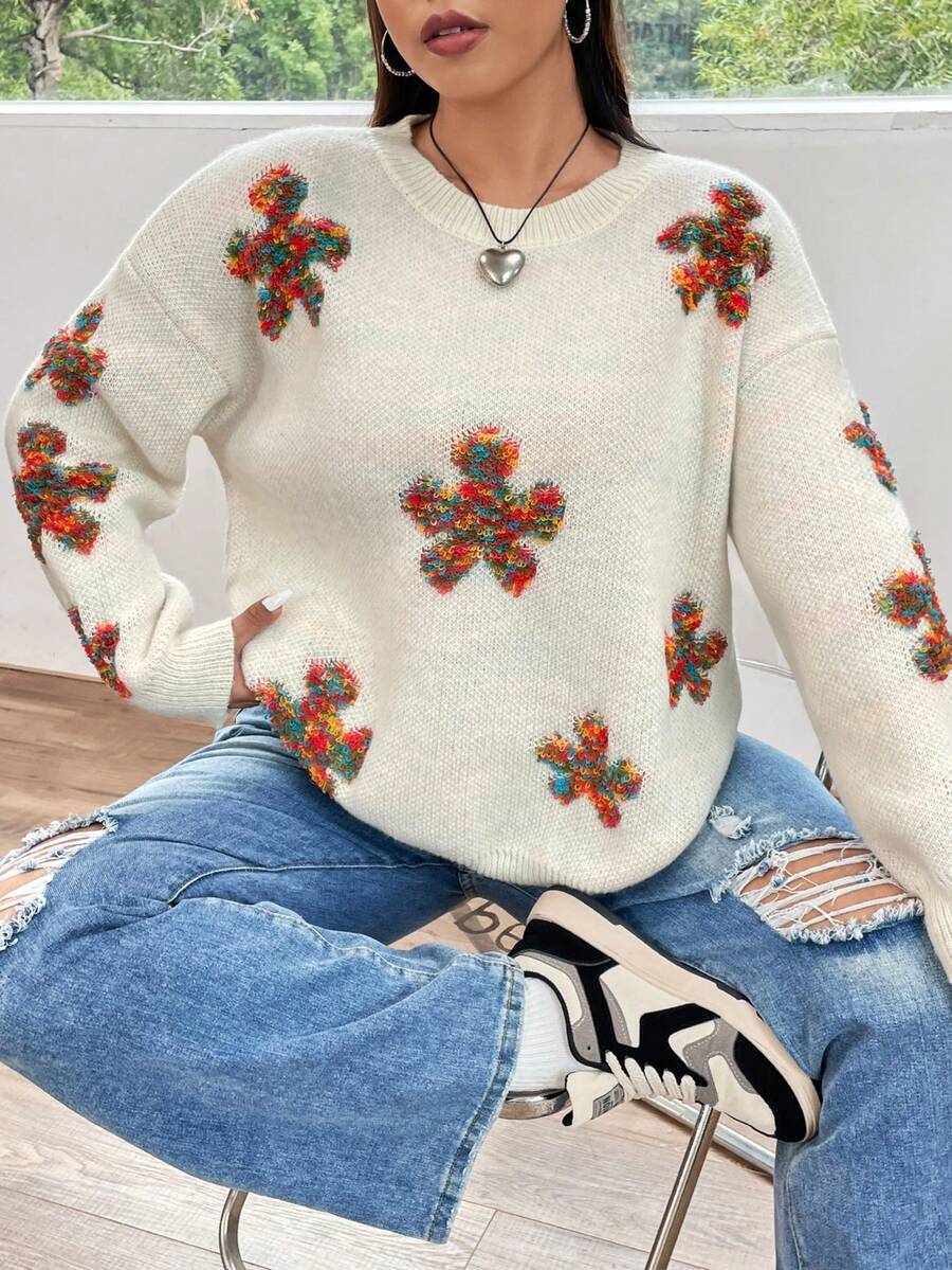 Flirla Hơn Mô hình hoa Thả vai Áo len - Nhiều màu - Xem 1