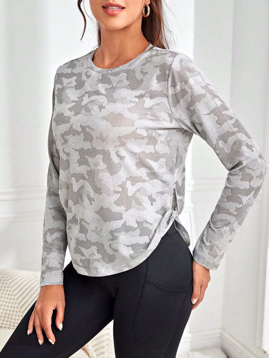 Easithlete Camo Print Curved Hem Sports Tee Gym Top - Grey - View 1