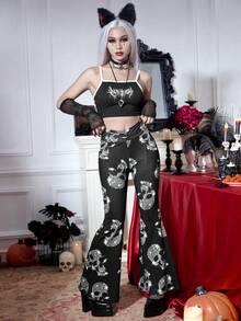 Joress PUNK Halloween Skull Print Ruched Flare Leg Pants - Black - View 6