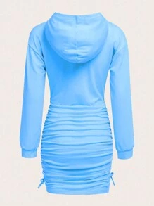 SHEIN 少女字母图案抽绳侧边卫衣连衣裙 - 藍色 - 查看 2