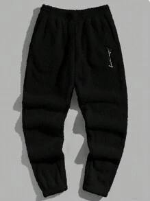 GENTILAND Men Letter Embroidery Teddy Pants - Black - View 4