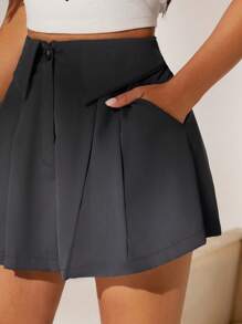 SHEIN SXY Eo chồng lên Chi tiết xếp li Váy - Màu xám đen - Xem 9