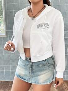 Flirla Áo nỉ có khóa kéo và dây rút, in chữ, cỡ lớn. - trắng - Xem 4