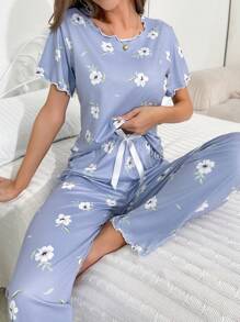Floral Print Lettuce Trim PJ Set / Pajama Set Lounge Wear Setpajamas Set For Womanblue Pajama Set - Blue - View 3