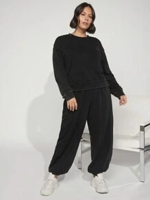 SHEIN BASICS Plus Size Women's Tapered Jogger Pants With Gathered Ankles  Joggers - Black - View 3