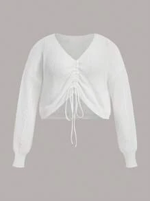 SHEIN EZwear Hơn Dây rút Viền mặt trước Thả vai Áo len - trắng - Xem 1