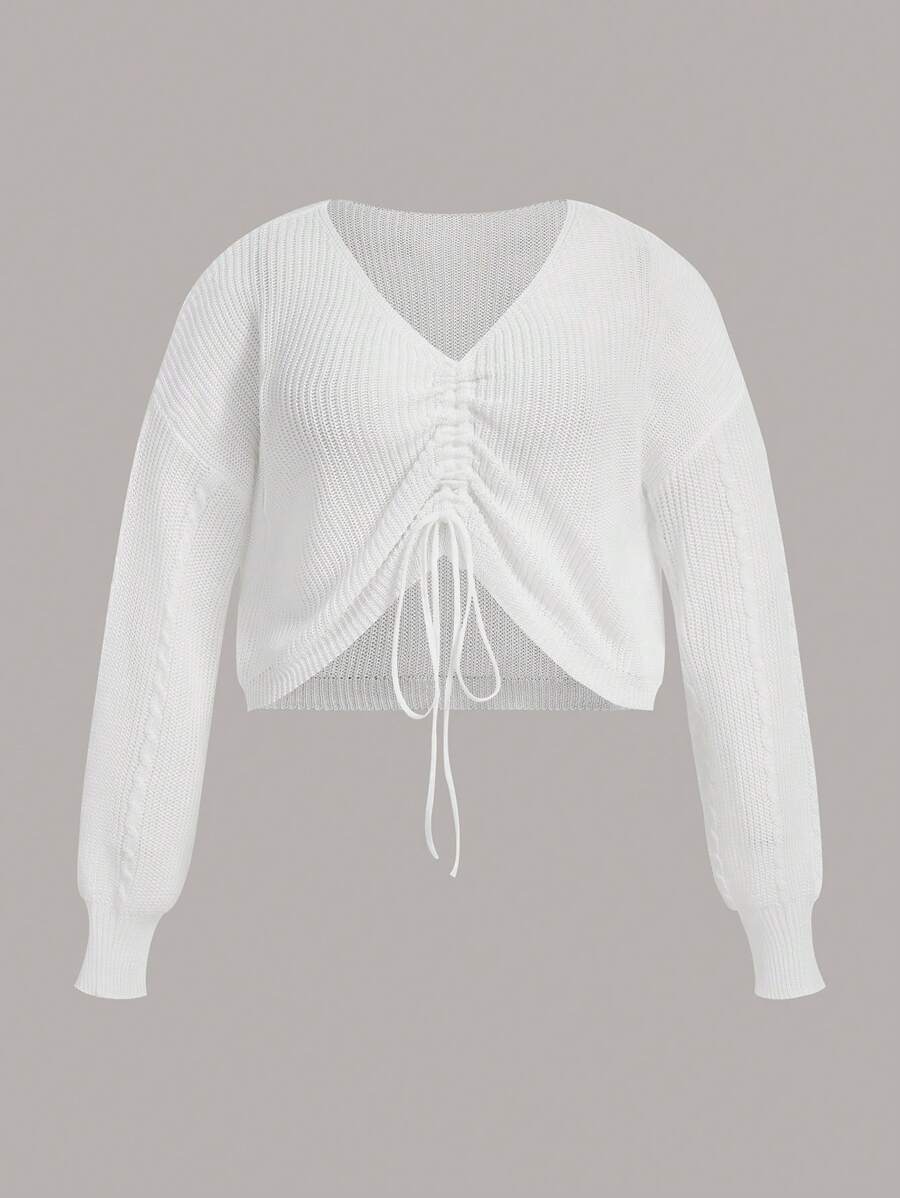 SHEIN EZwear Hơn Dây rút Viền mặt trước Thả vai Áo len - trắng - Xem 1