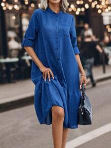 SHEIN LUNE Roll Tab Sleeve Ruffle Hem Smock Dress - Navy Blue - View 3