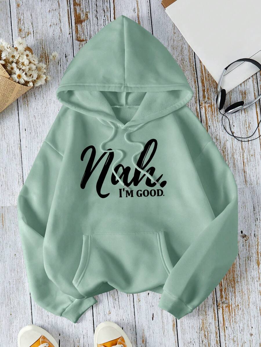 SHEIN LUNE Đồ họa Chữ cái Túi kangaroo Dây rút Áo hoodie ấm áp - Màu xanh Bạc hà - Xem 1