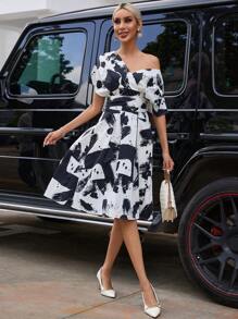SHEIN Privé Brush Print Asymmetrical Neck Dress