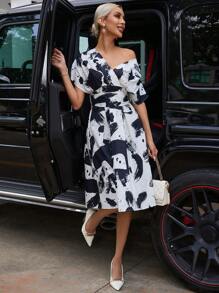 SHEIN Privé Brush Print Asymmetrical Neck Dress