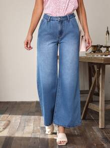 SHEIN LUNE 闊腿牛仔褲 - 中等水洗藍 - 查看 1